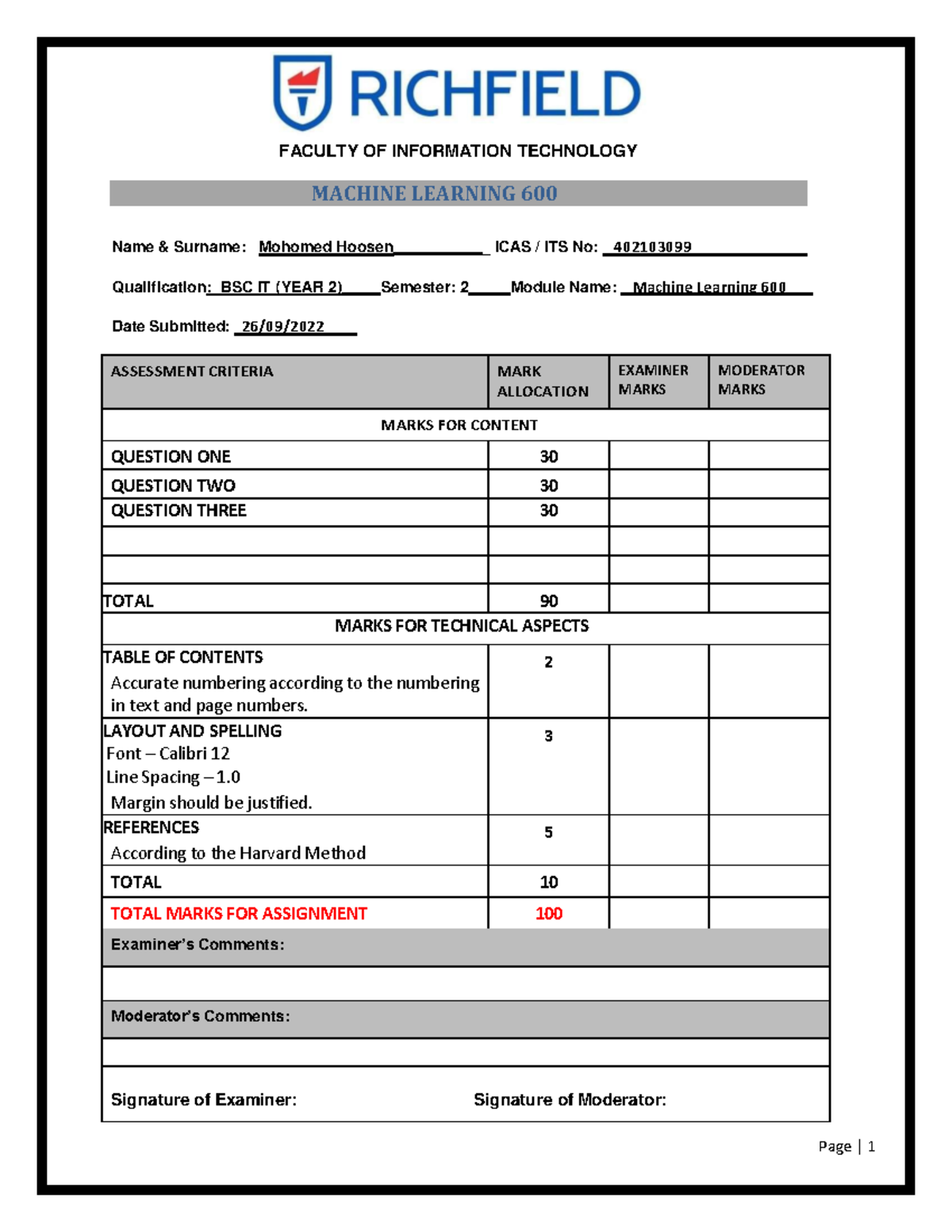 402103099-ML600Assignment-Mohomed Hoosen - FACULTY OF INFORMATION ...