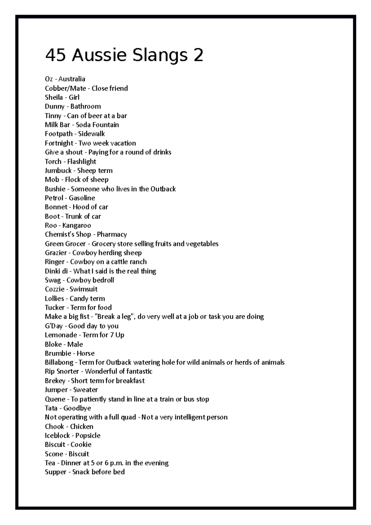 45 Aussie Slangs 45 Aussie Slangs 2 Oz Australia Cobber/Mate