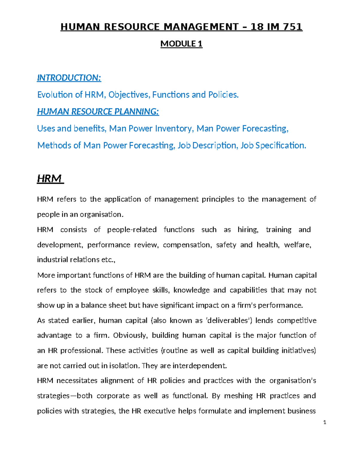 Notes HRM 18IM751 2021-22 - HUMAN RESOURCE MANAGEMENT – 18 IM 751 ...