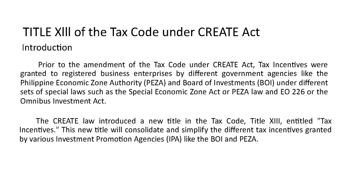 Document 4 - notes to tax - TITLE Xlll of the Tax Code under CREATE Act ...