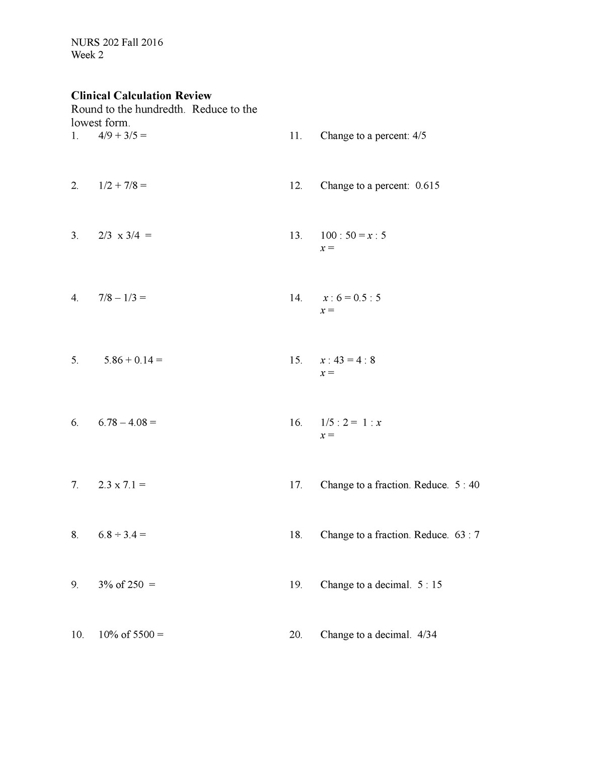 Clin Calc Week 2 - Good beginner calculations for nursing. - NURS 202 ...