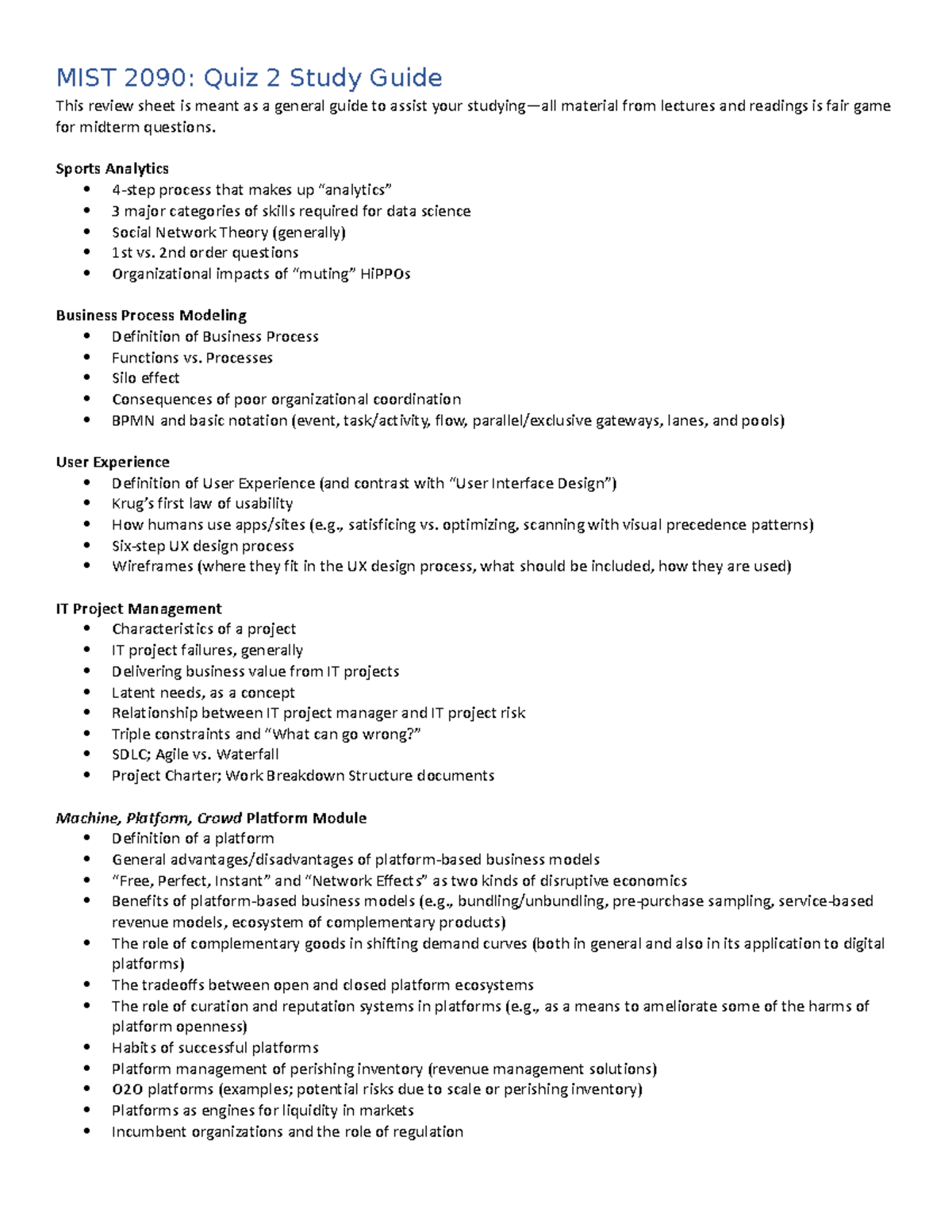 Quiz 2 study guide MIST 2090 Quiz 2 Study Guide This review sheet is
