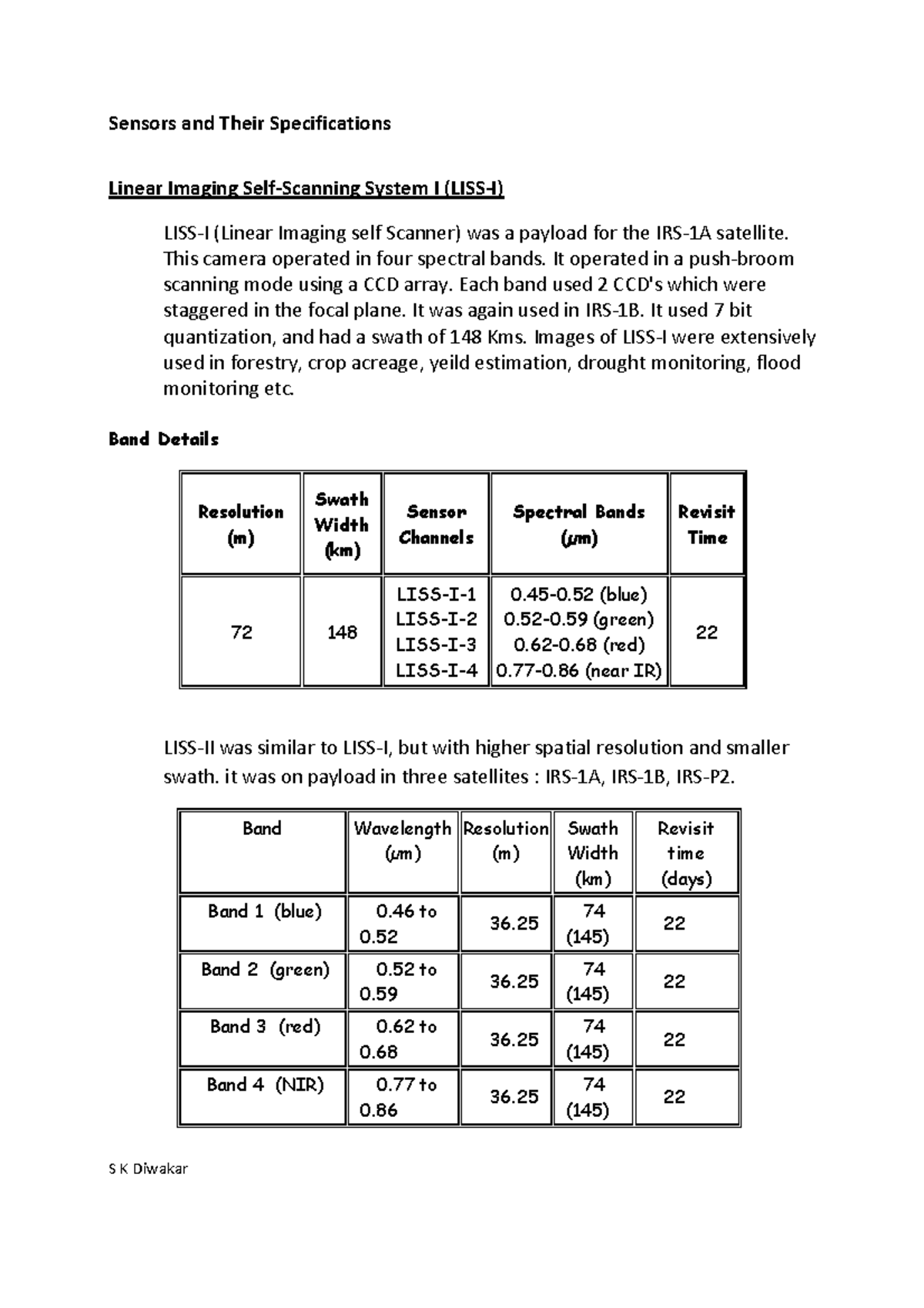 LISS in remote sensing Sensors and Their Specifications S K Diwakar Linear Imaging Self