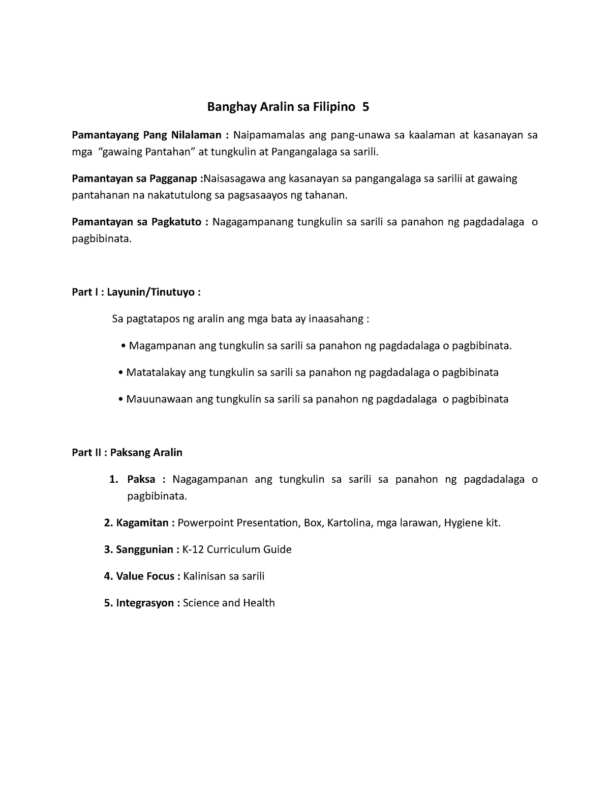 Lesson Plan FIL - Banghay Aralin sa Filipino 5 Pamantayang Pang ...