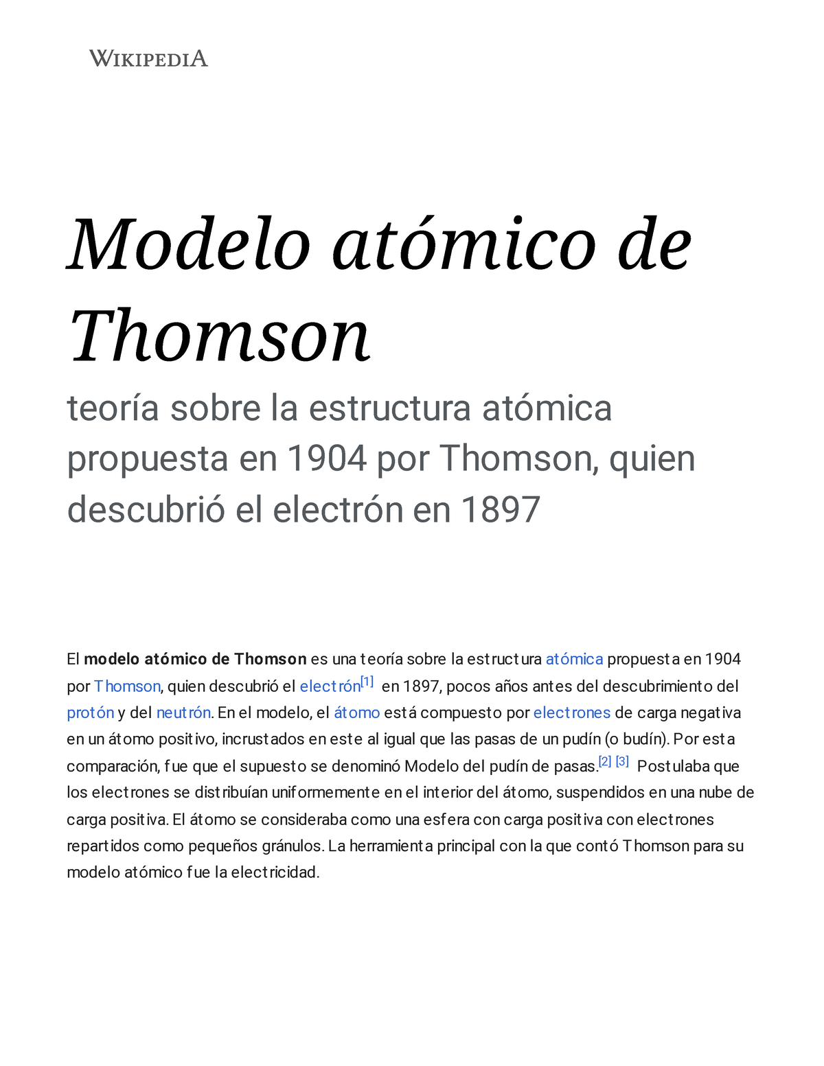 Modelo atómico de Thomson - Wikipedia, la enciclopedia libre - Modelo  atómico de Thomson teoría - Studocu