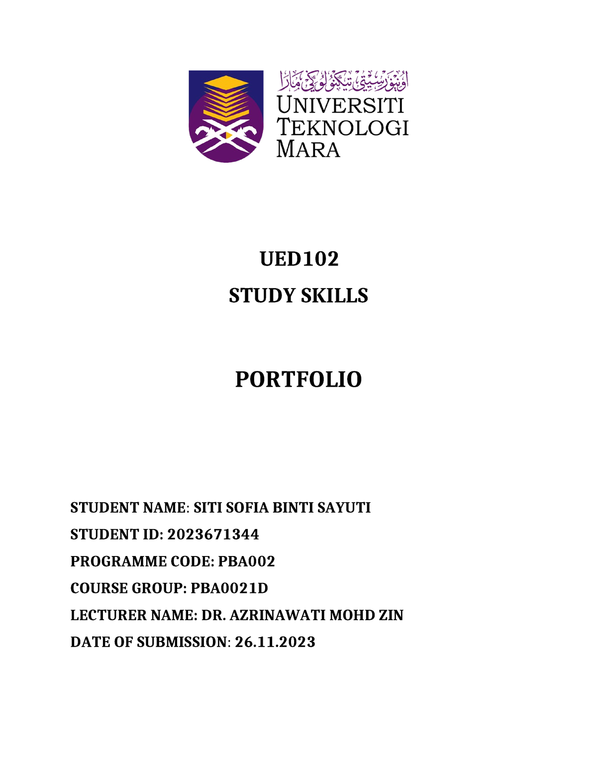 assignment contoh portfolio ued 102 uitm