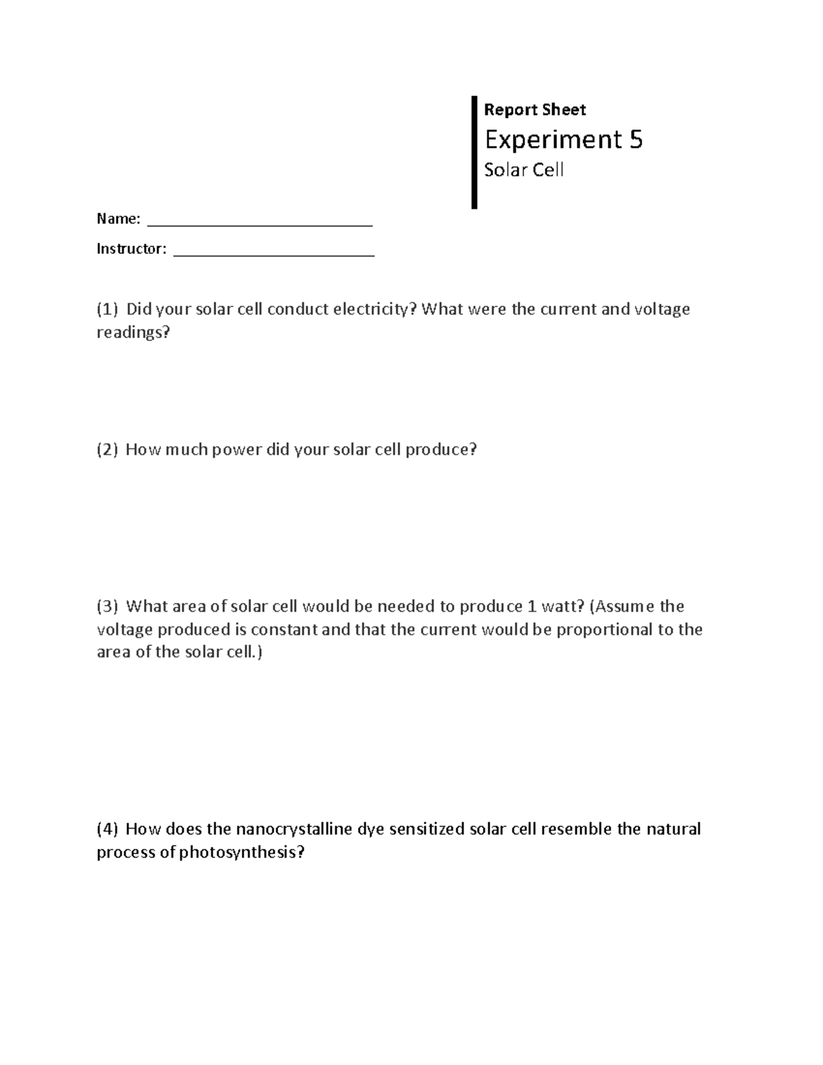 Solar Cell Report Sheet - Report Sheet Experiment 5 Solar Cell Name