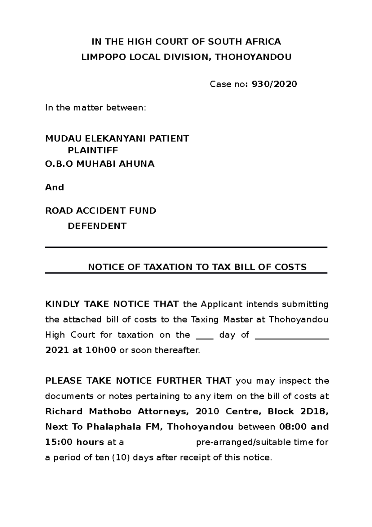 notice-of-taxation-and-bill-of-costs-thomas-joseph-hlungwane-in-the