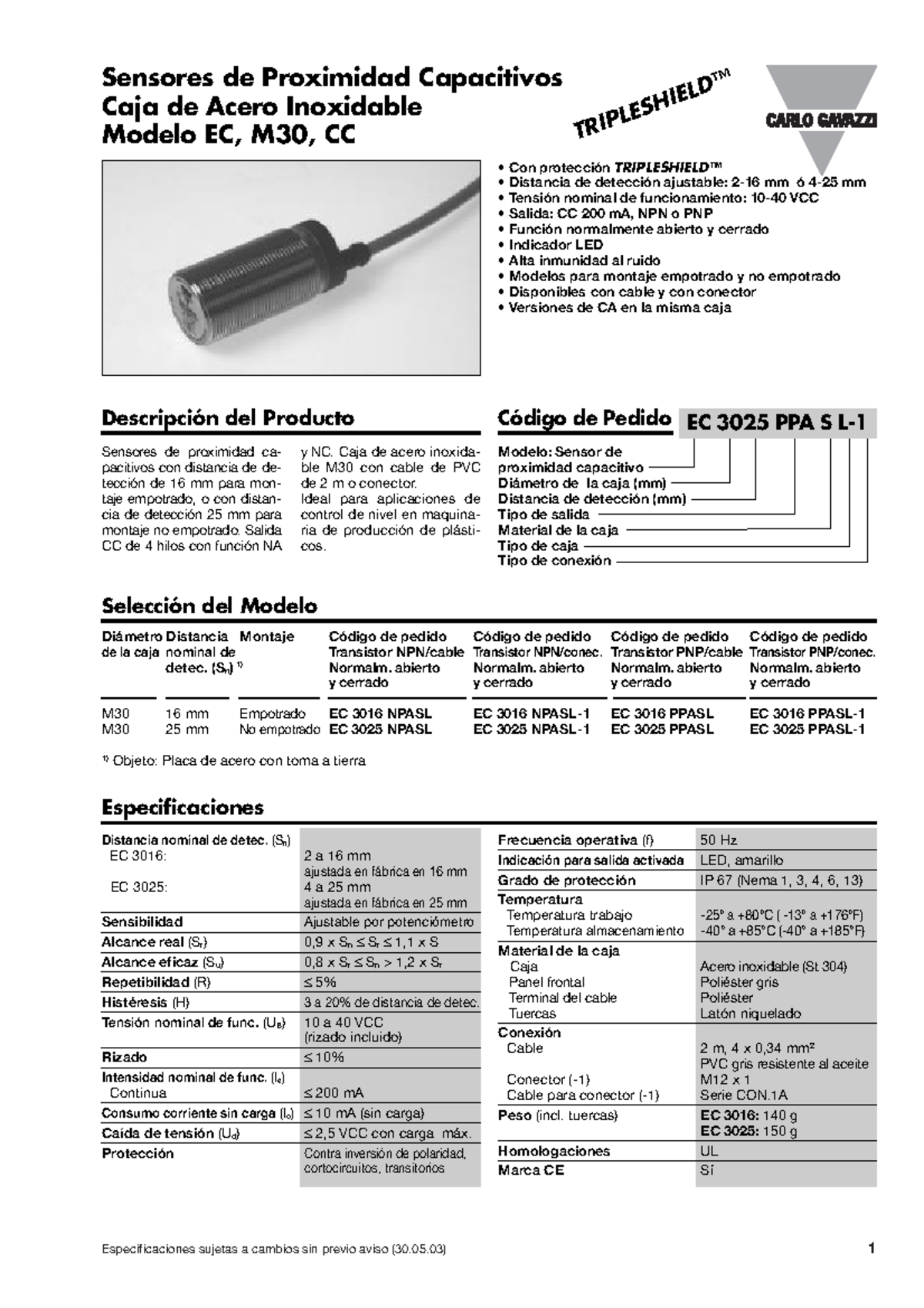 Sensor de proximidad capacitivo CG - Especificaciones sujetas a cambios ...