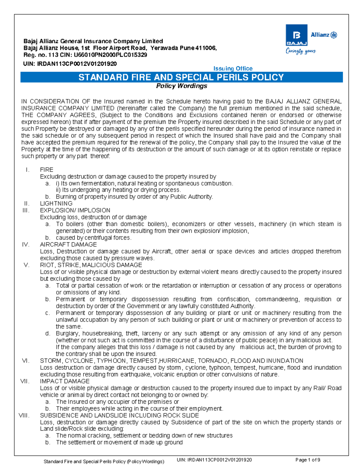 Standard Fire and Special Perils Policy - Bajaj Allianz General ...