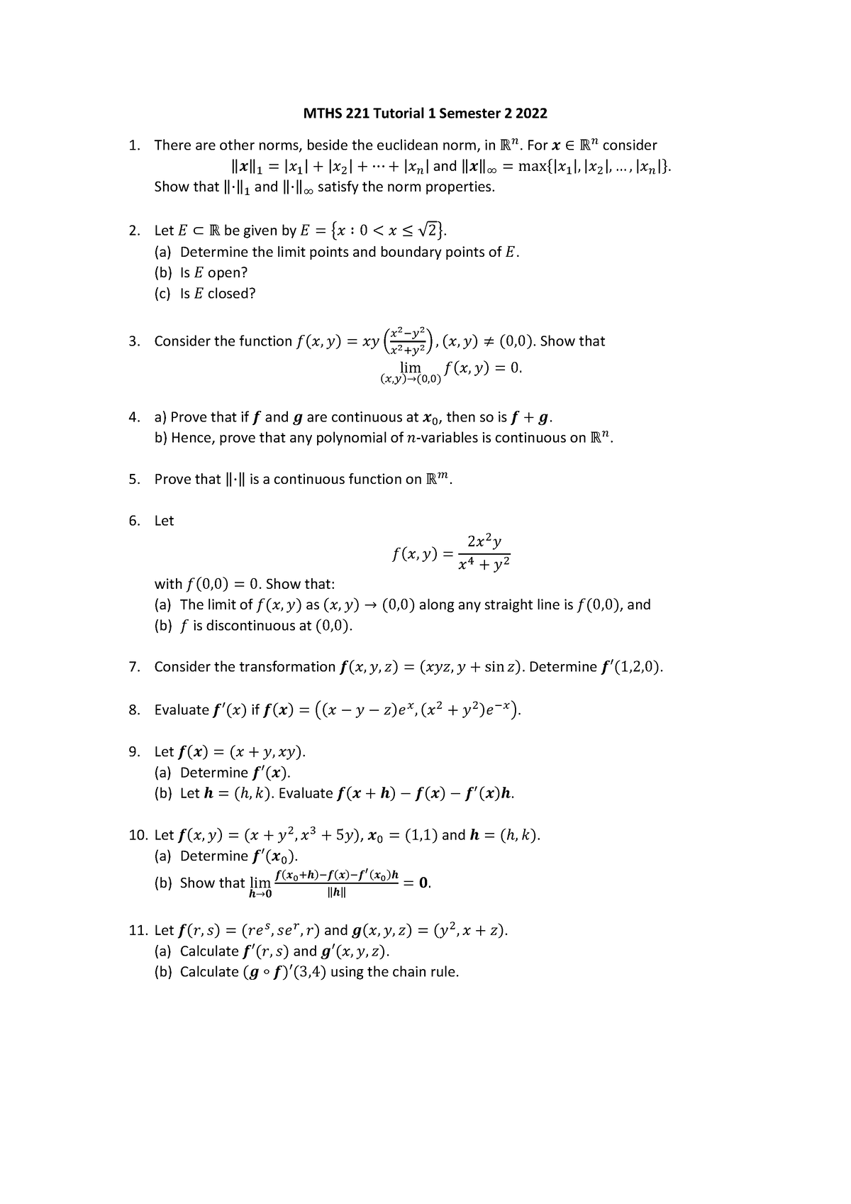 Multivarible Calculus Tutorial 1 - MTHS 221 Tutorial 1 Semester 2 2022 ...