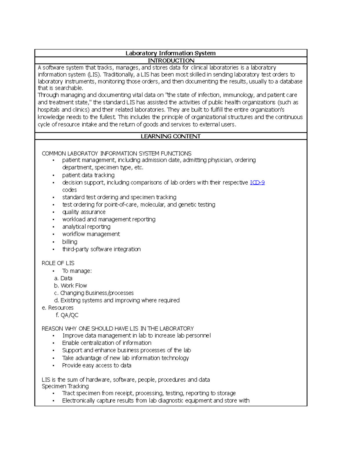 Laboratory Information System Laboratory Information System