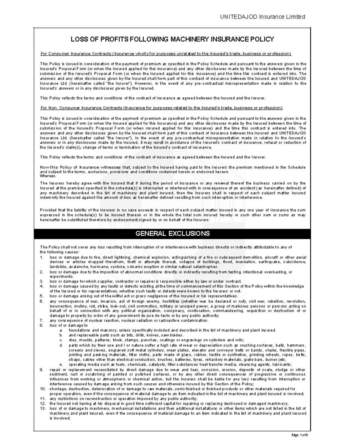 Machinery LOP - Insurance details - UNITEDAJOD Insurance Limited LOSS ...