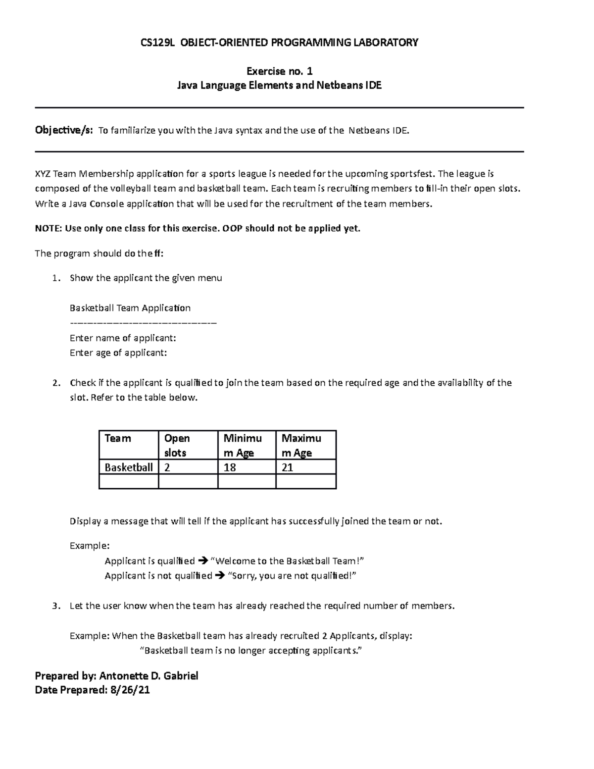 OOP LAB EXER 1- Java Language Elements - CS129L OBJECT-ORIENTED ...