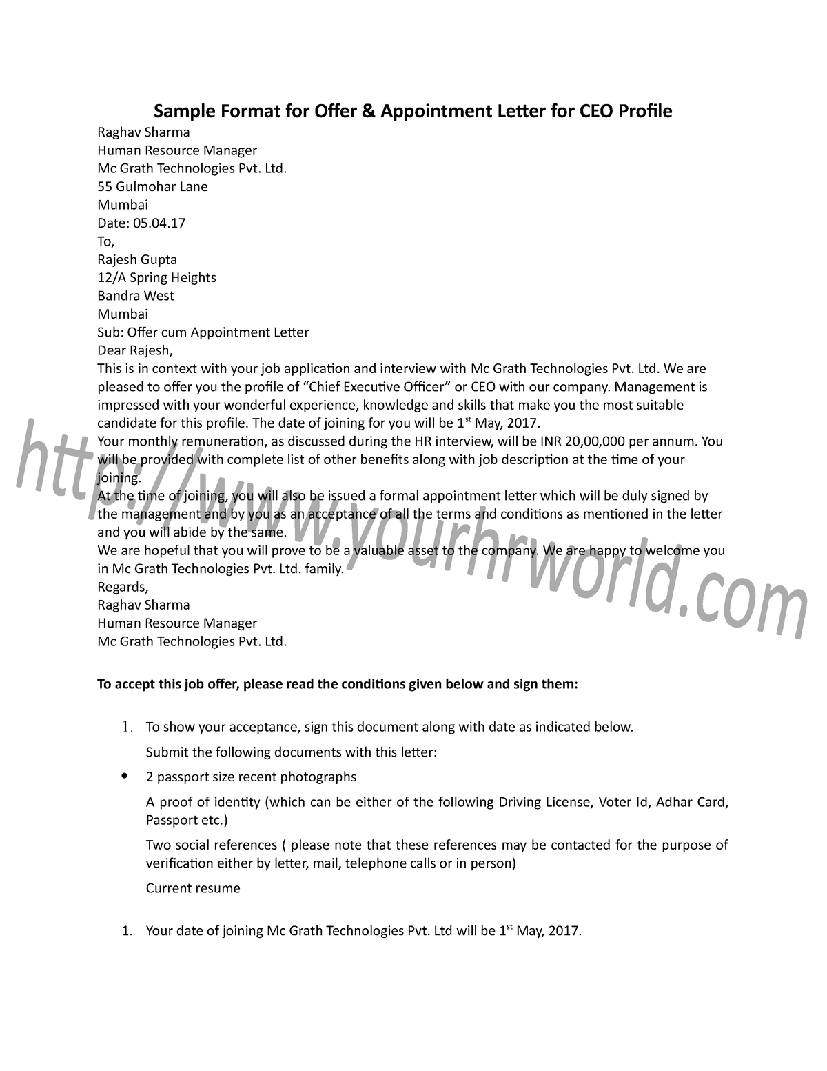 Offer Appointment Letter Format for CEO Sample Format for Offer