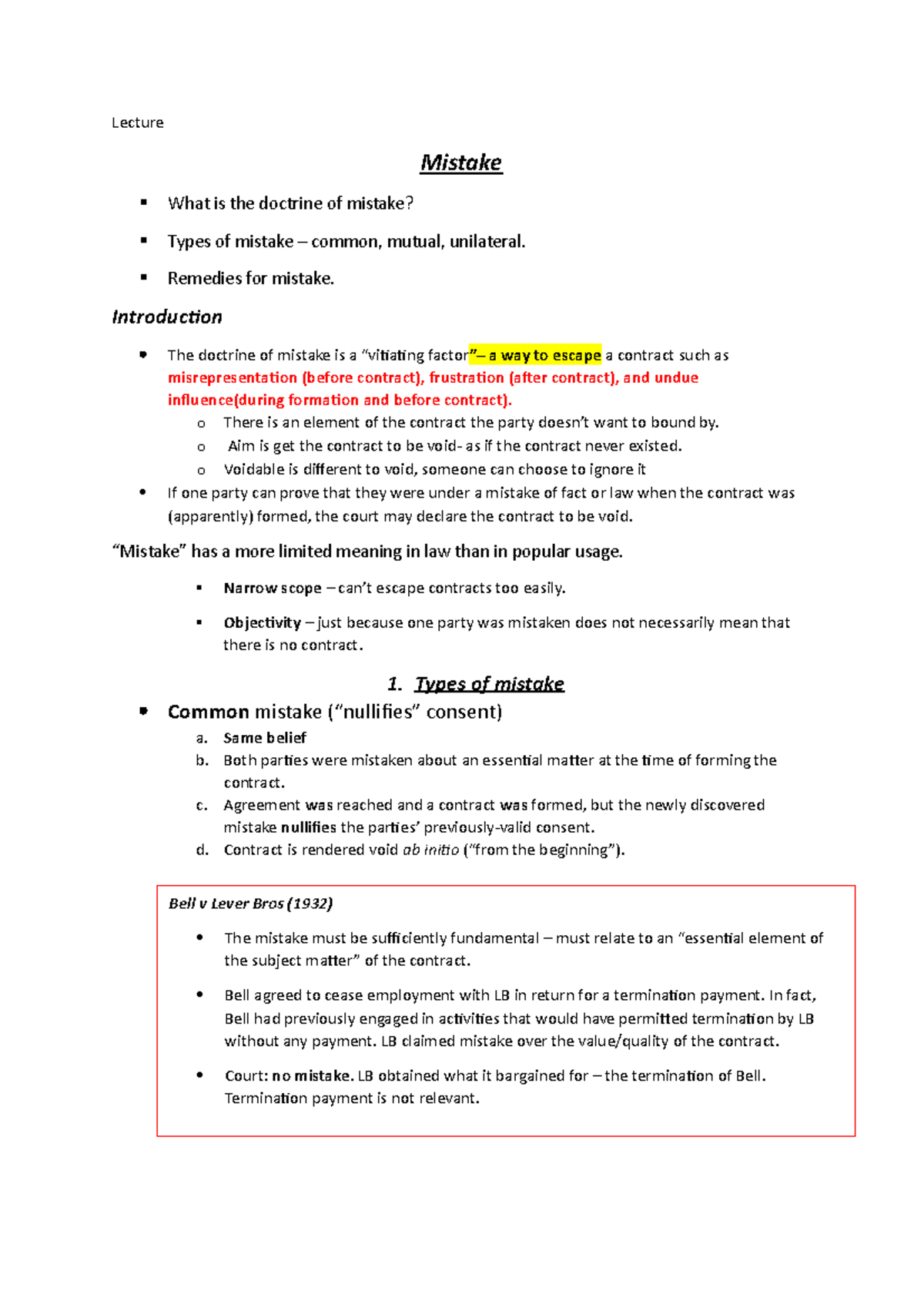 Lecture - Notes - Lecture Mistake What Is The Doctrine Of Mistake ...