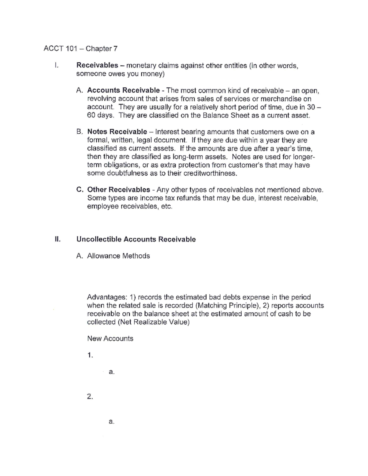 ACCT101Chapter 7 ua - examples - ACCT 101 - Chapter 7 I. Receivables ...