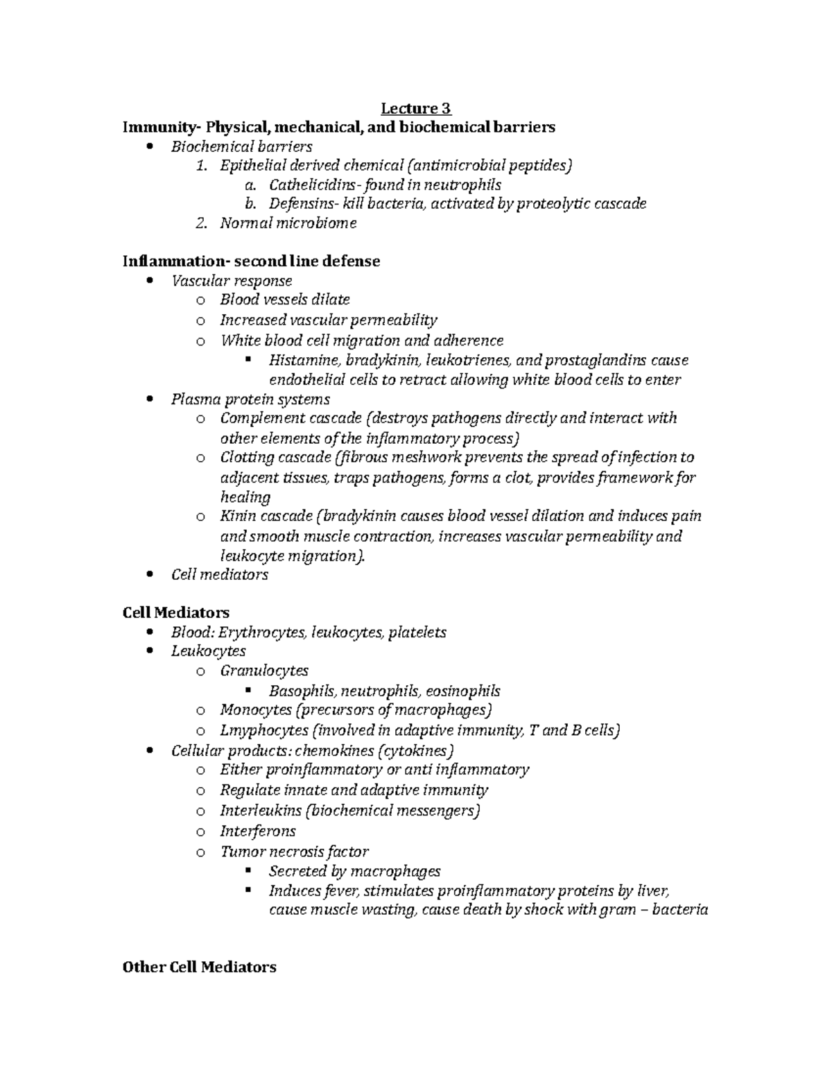 Chapter Outline - Lecture 3 Immunity- Physical, mechanical, and ...