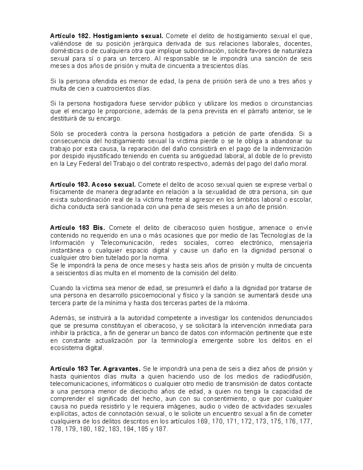 Artículo 182 (Recuperado automáticamente) - Artículo 182. Hostigamiento ...