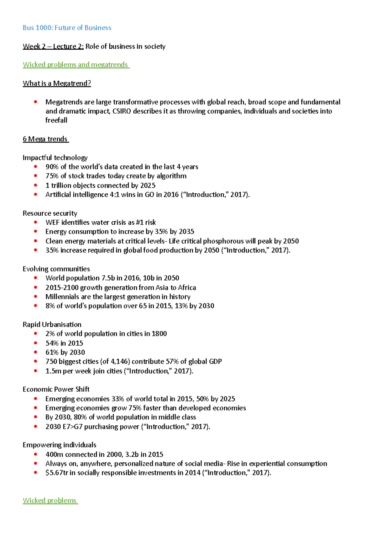Bus 1000 - Week 2 Role of business in society - Bus 1000: Future of ...