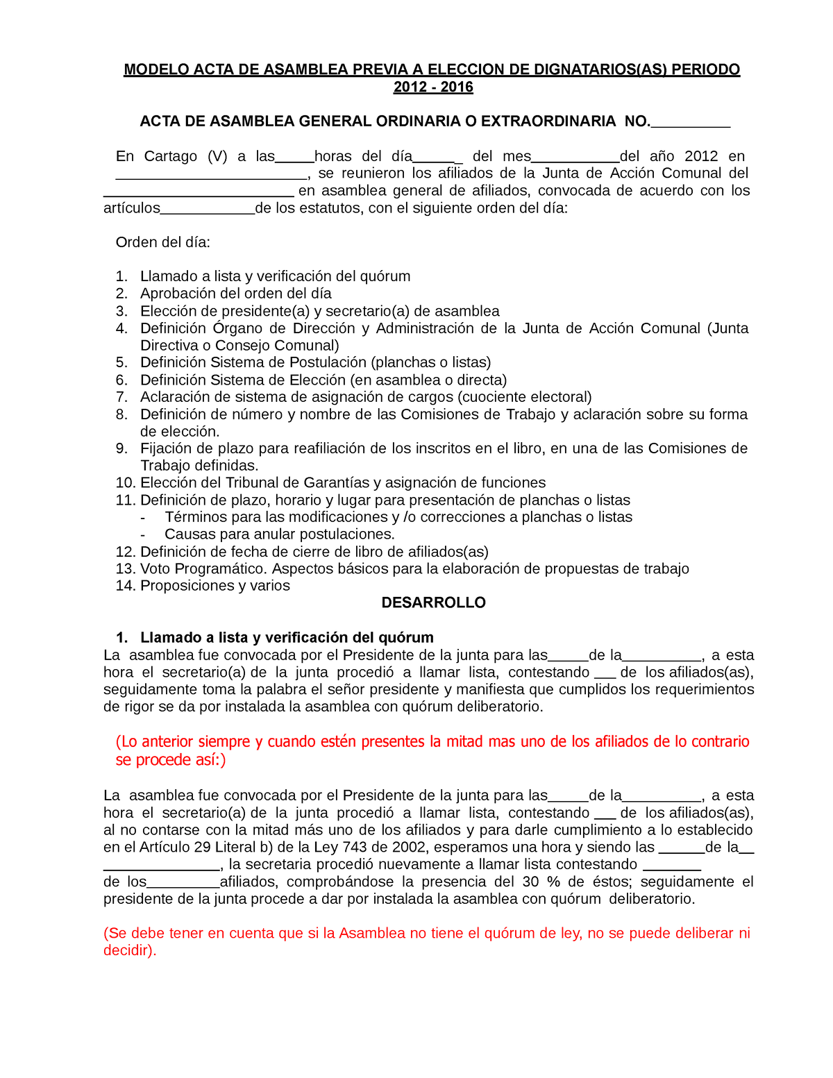 Modelo De Acta De Accion Comunal 4 Modelo Acta De Asamblea Previa A