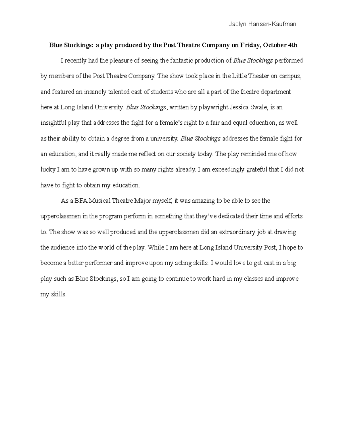 Post 101 Campus event 1 Jaclyn HansenKaufman Blue Stockings a play