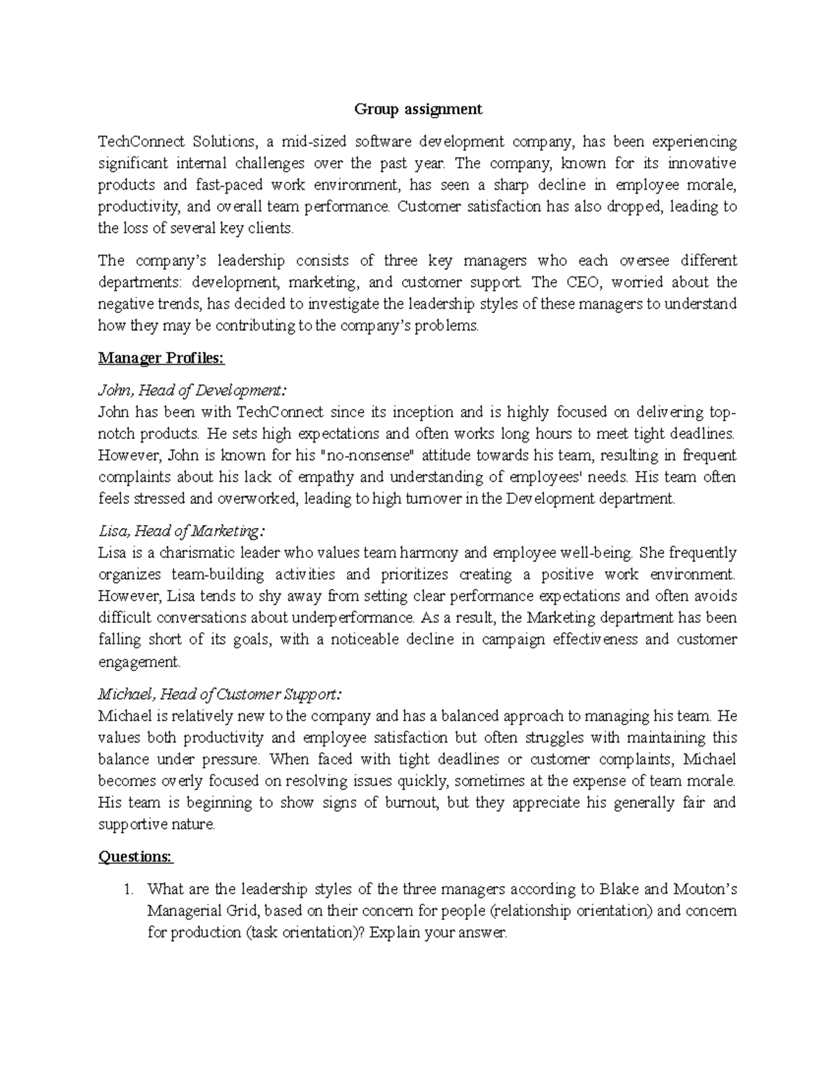 Group assignment - Hshshs - Group assignment TechConnect Solutions, a ...