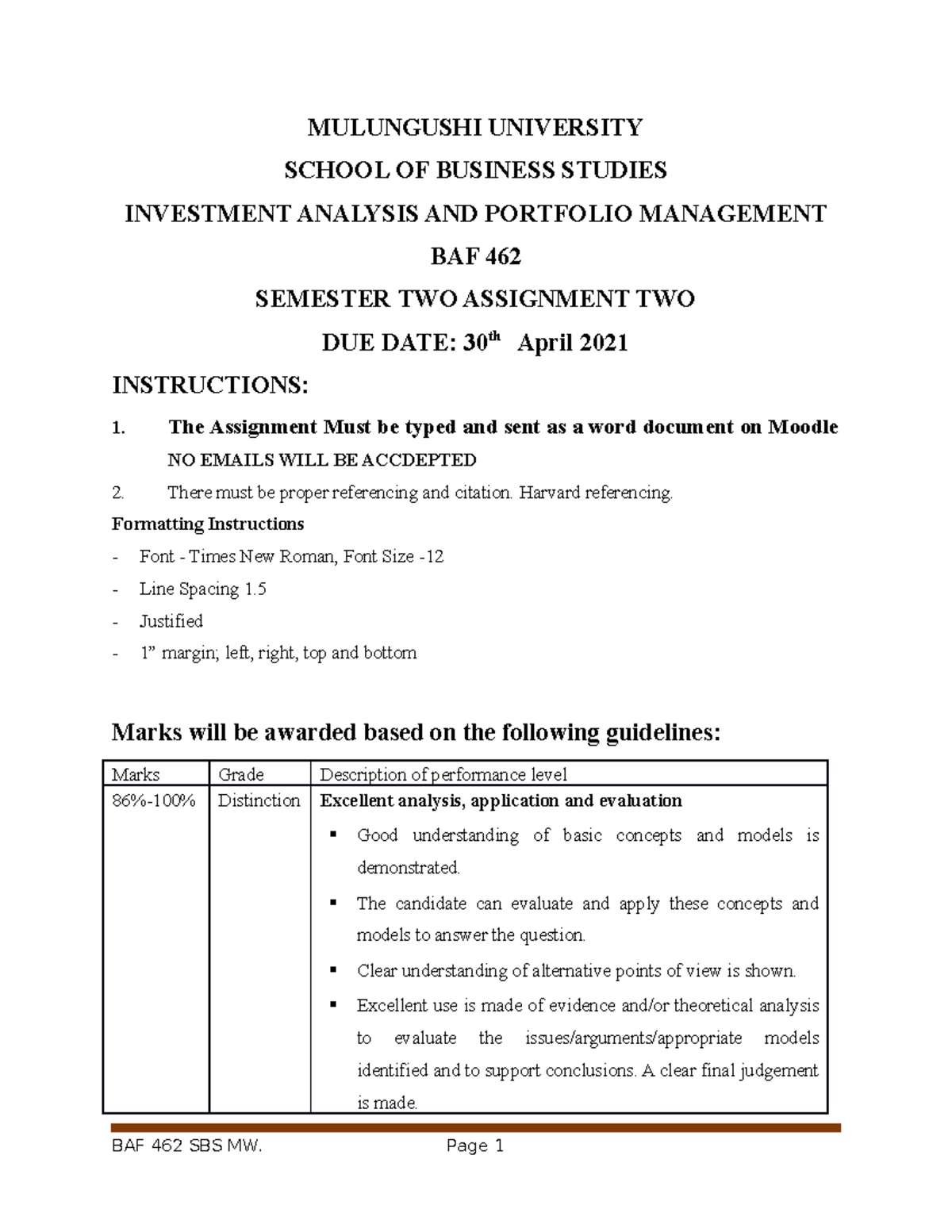 BAF 462 Assignment Two Distance Students Only MULUNGUSHI UNIVERSITY