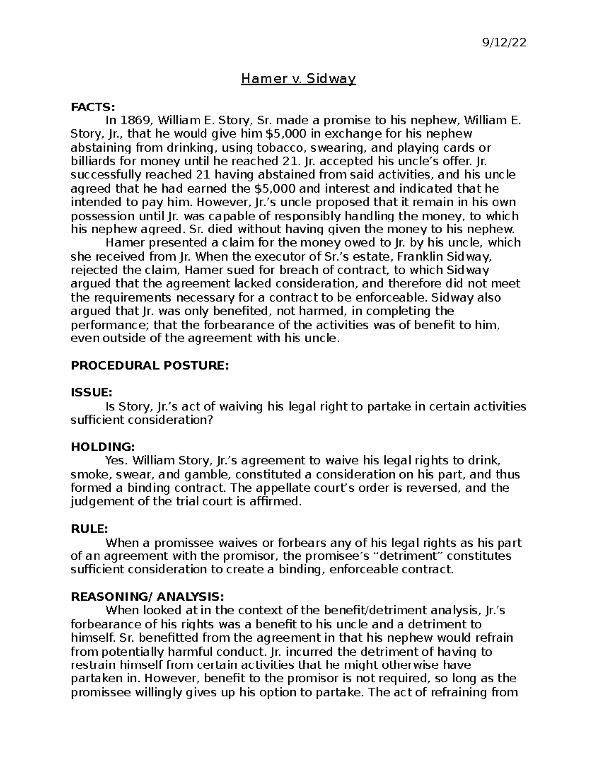 Hamer v. Sidway Case brief 9/12/ Hamer v. Sidway FACTS In 1869