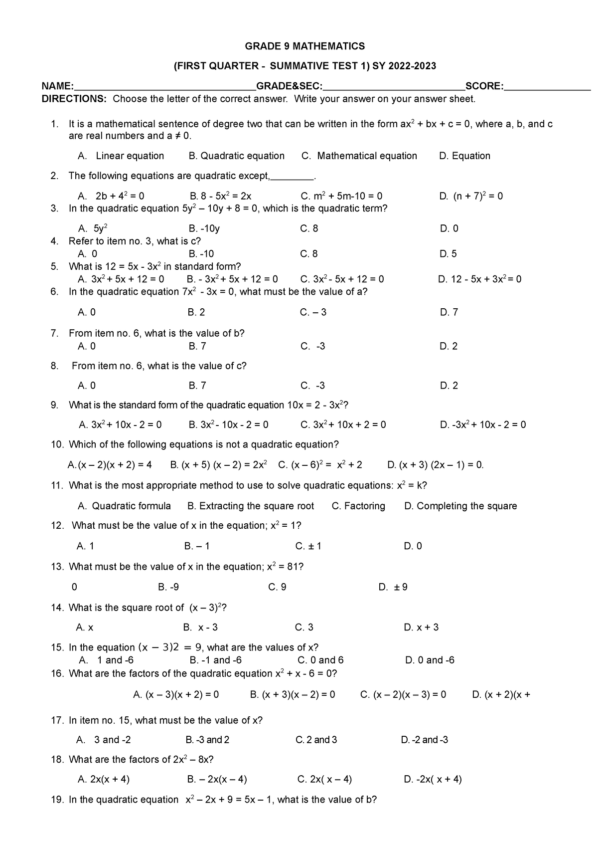 Q1st1 - Math - Grade 9 Mathematics (first Quarter - Summative Test 1 