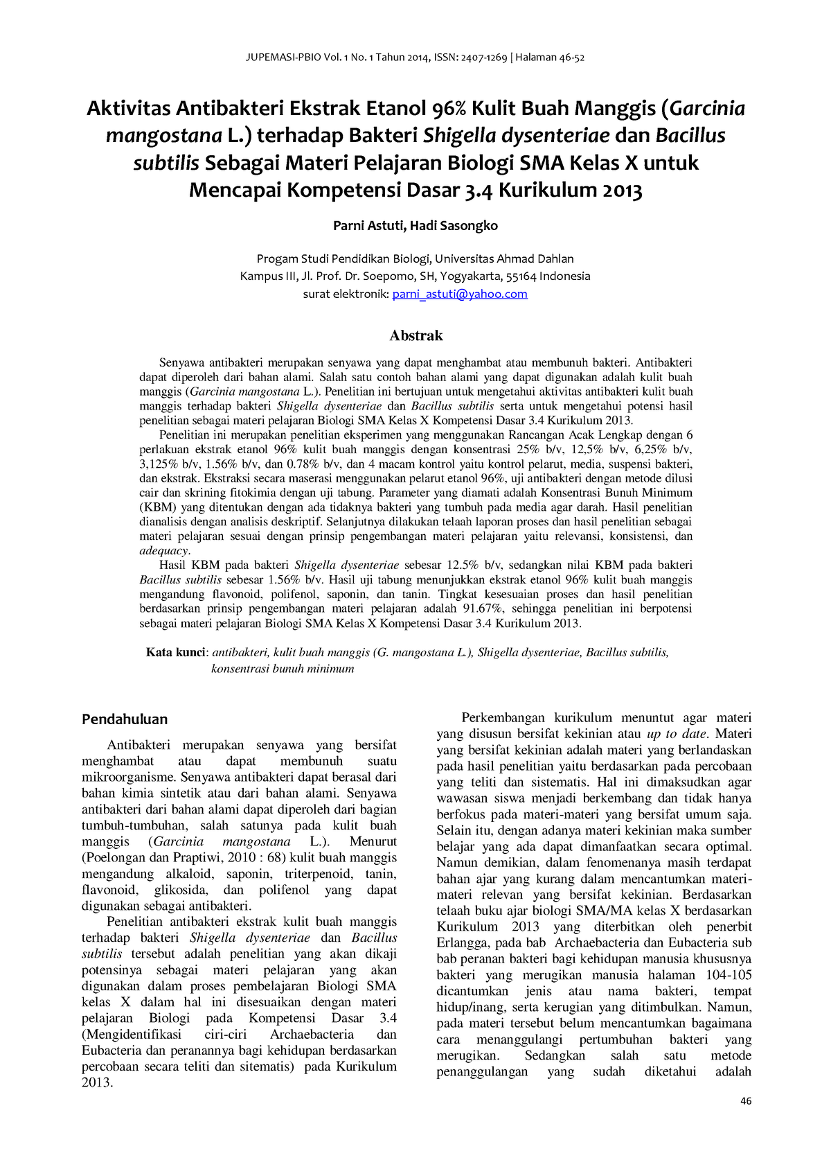 Aktivitas Antibakteri Ekstrak Etanol Kulit Buah Manggis Jupemasi Pbio Vol No Tahun