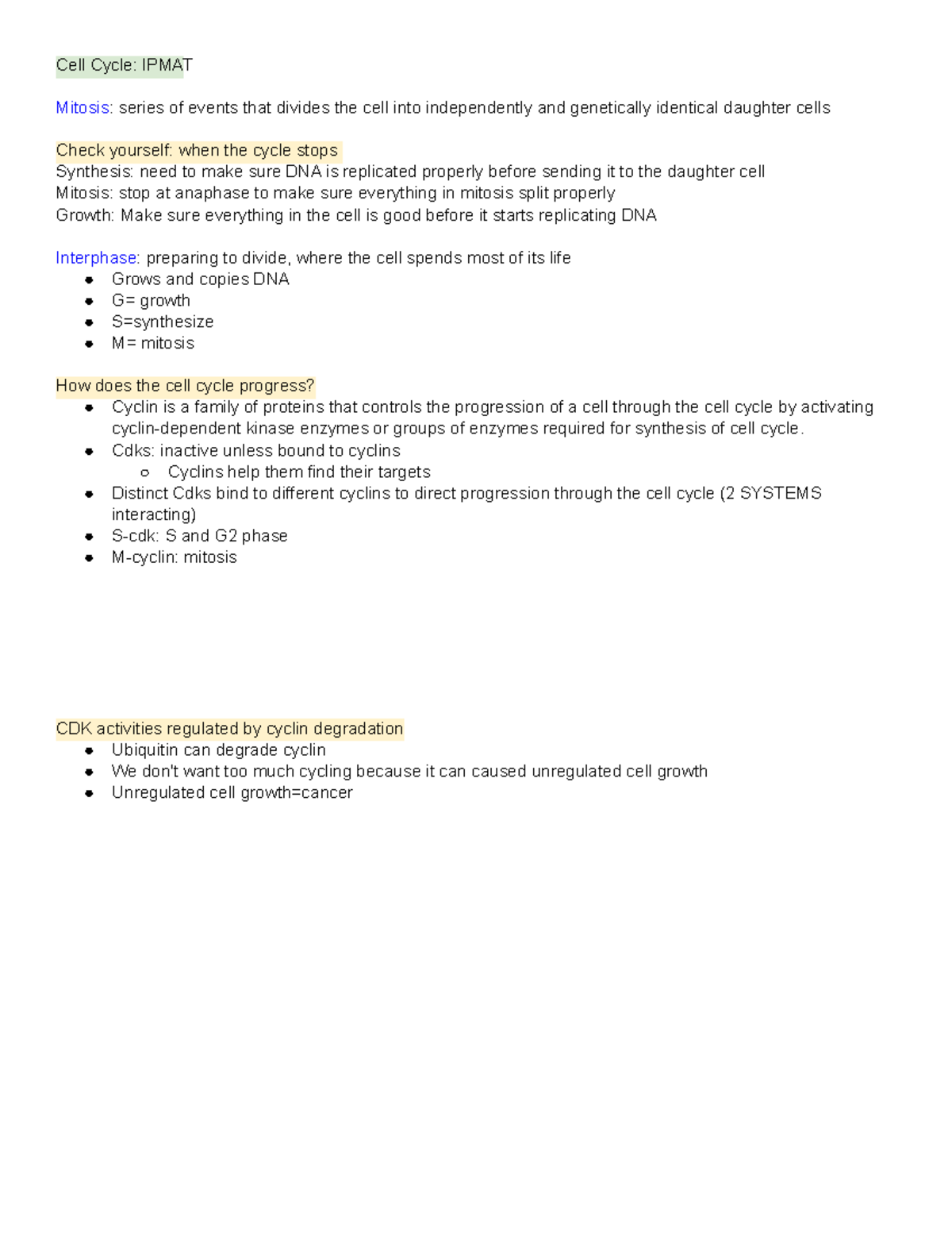 molecular genetics Unit 2 - Cell Cycle: IPMAT Mitosis: series of events ...