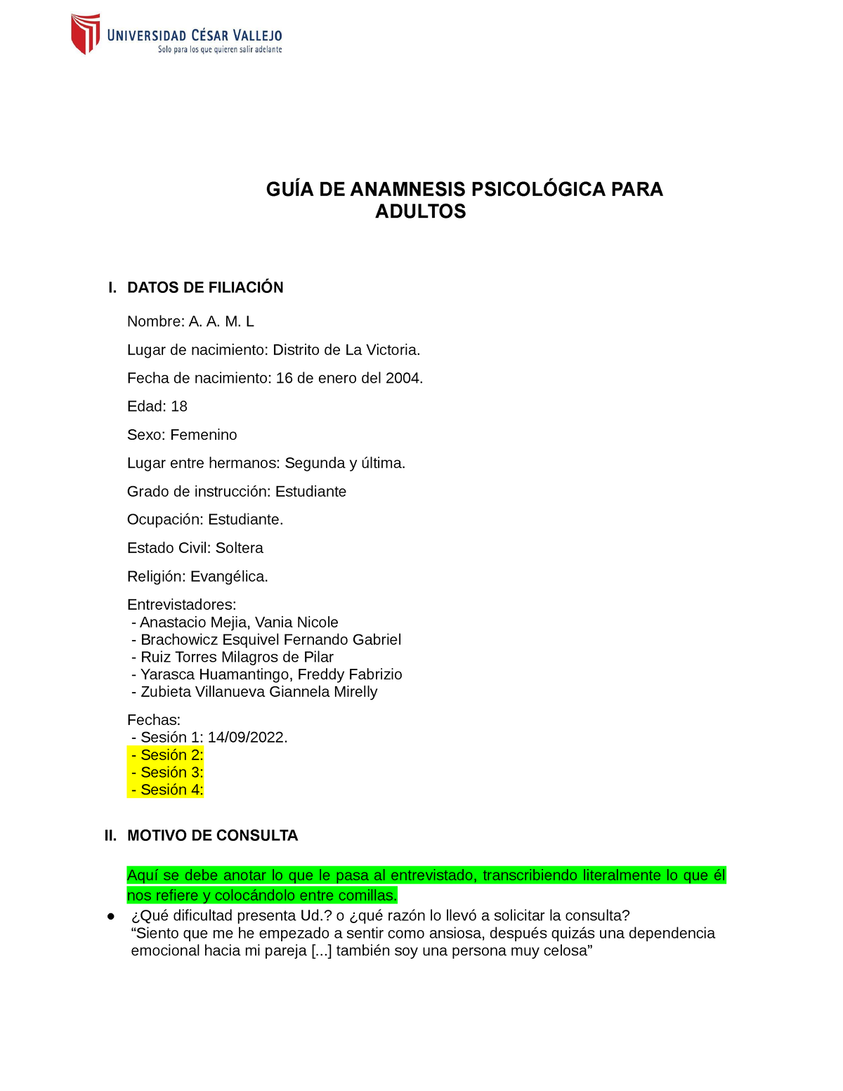 GuÍa De Anamnesis Psicológica Adultos GuÍa De Anamnesis PsicolÓgica Para Adultos I Datos De 7526