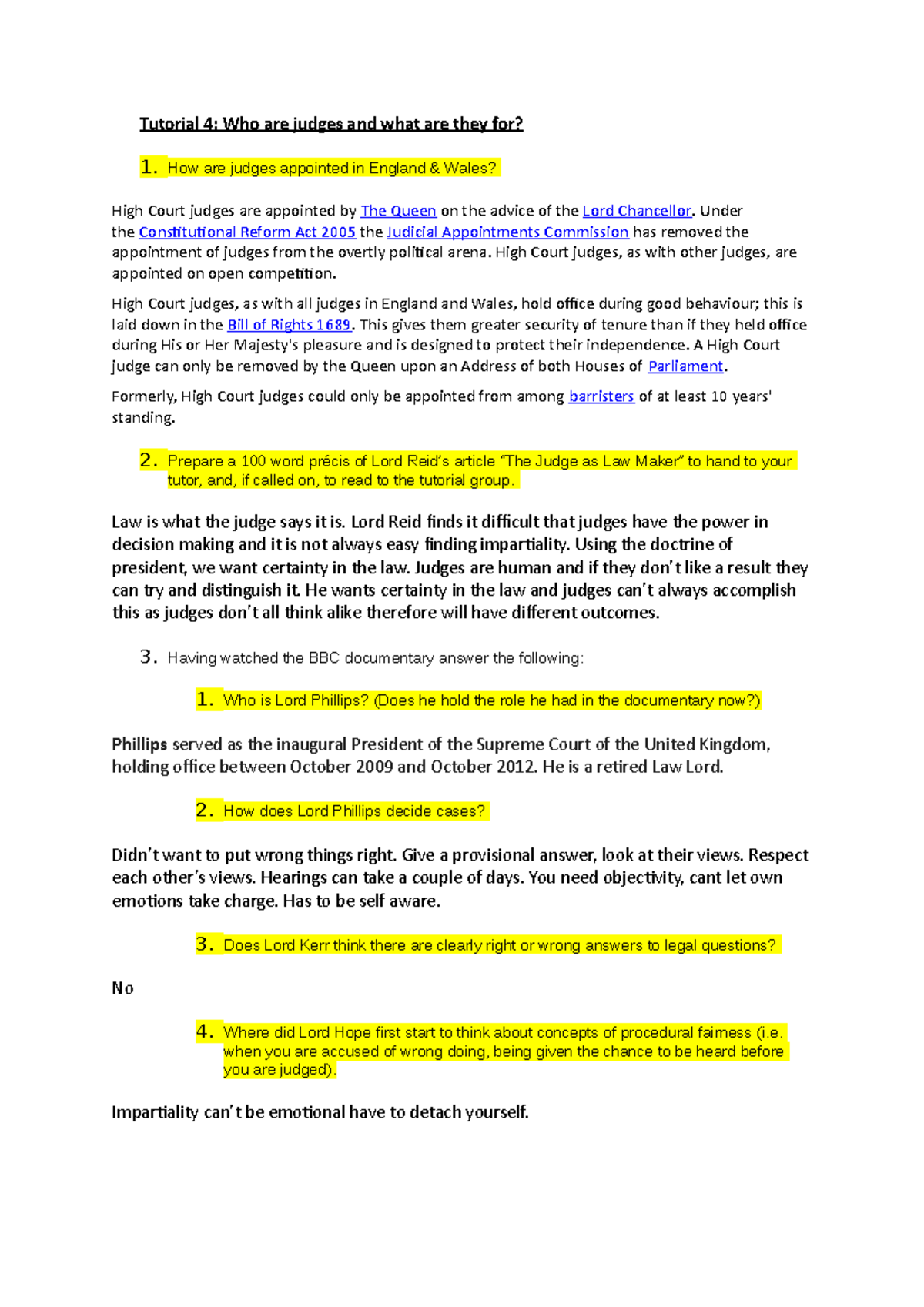Tutorial 4 answer - Tutorial 4: Who are judges and what are they for? 1 ...