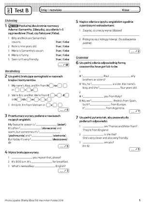 Brainy Kl5 Unit Test 1 A - Sprawdzian Dla Klasy 5 - UNIT 1 Test A Imię ...