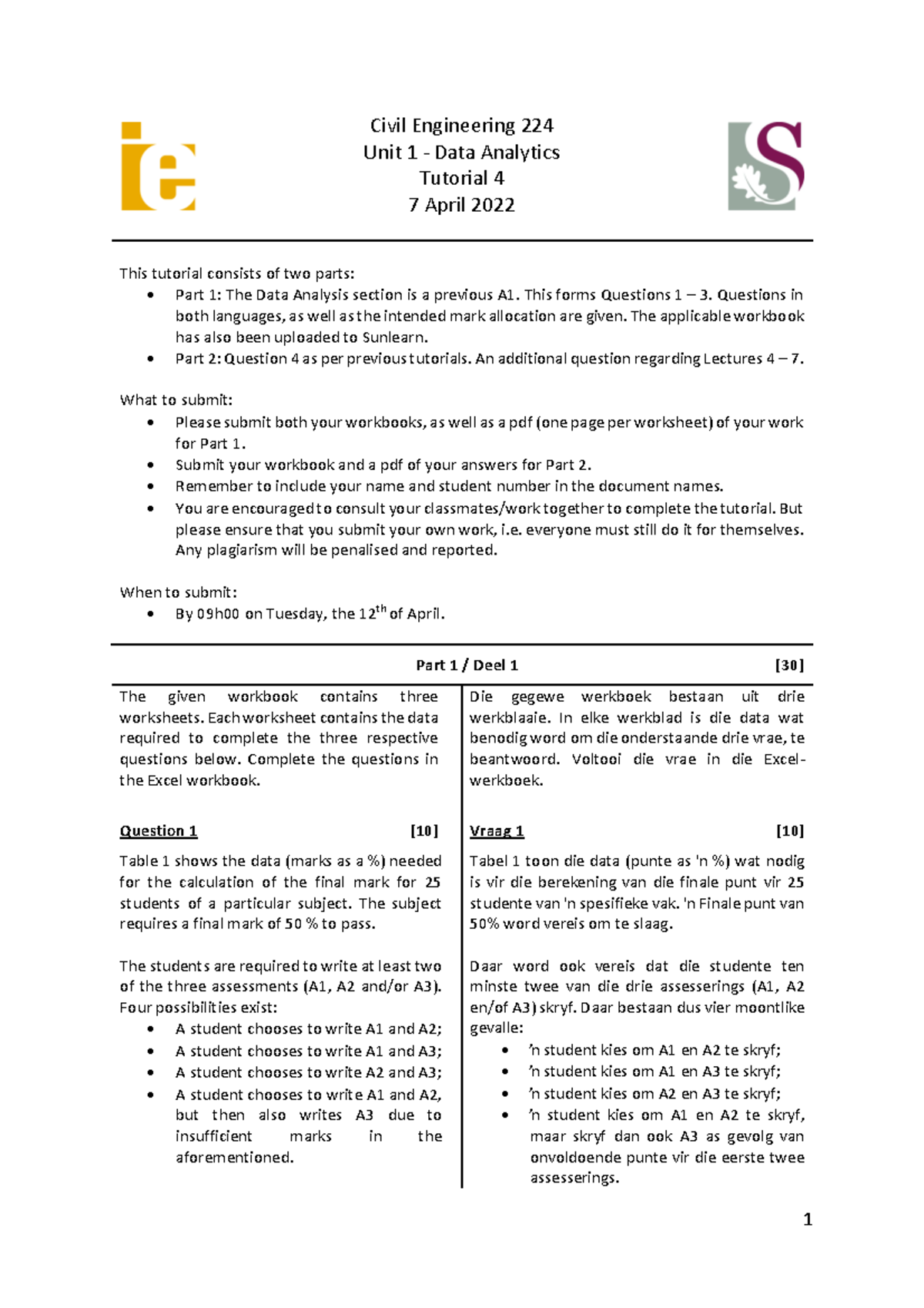 Data Analytics - Tutotial 4 - Civil Engineering 224 Unit 1 - Data ...
