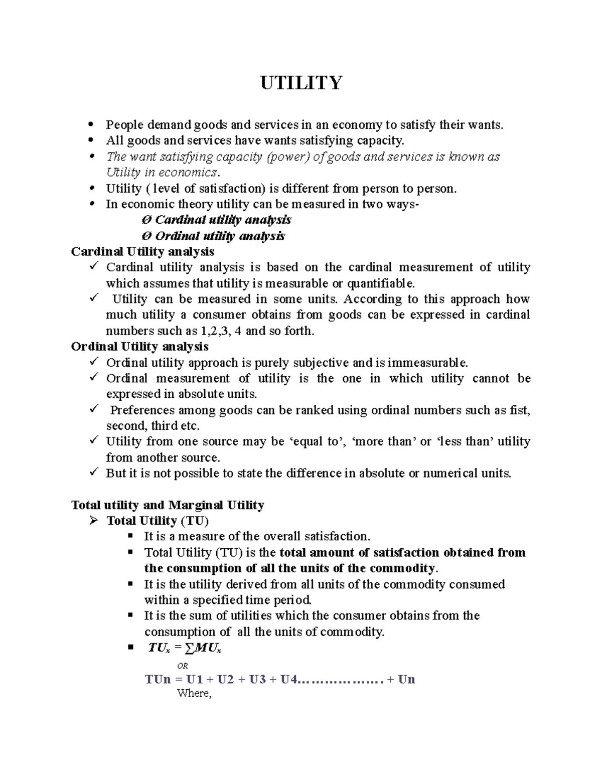 Utility stu - Lecture notes 1 - UTILITY People demand goods and ...