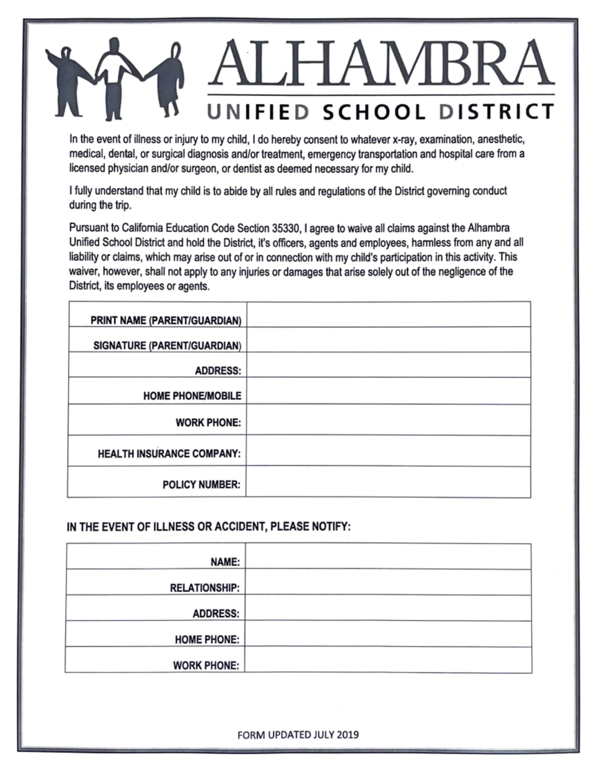 Alhambra Permission Form - UN IFIE D SCHOOL D ISTRICT In the event of ...
