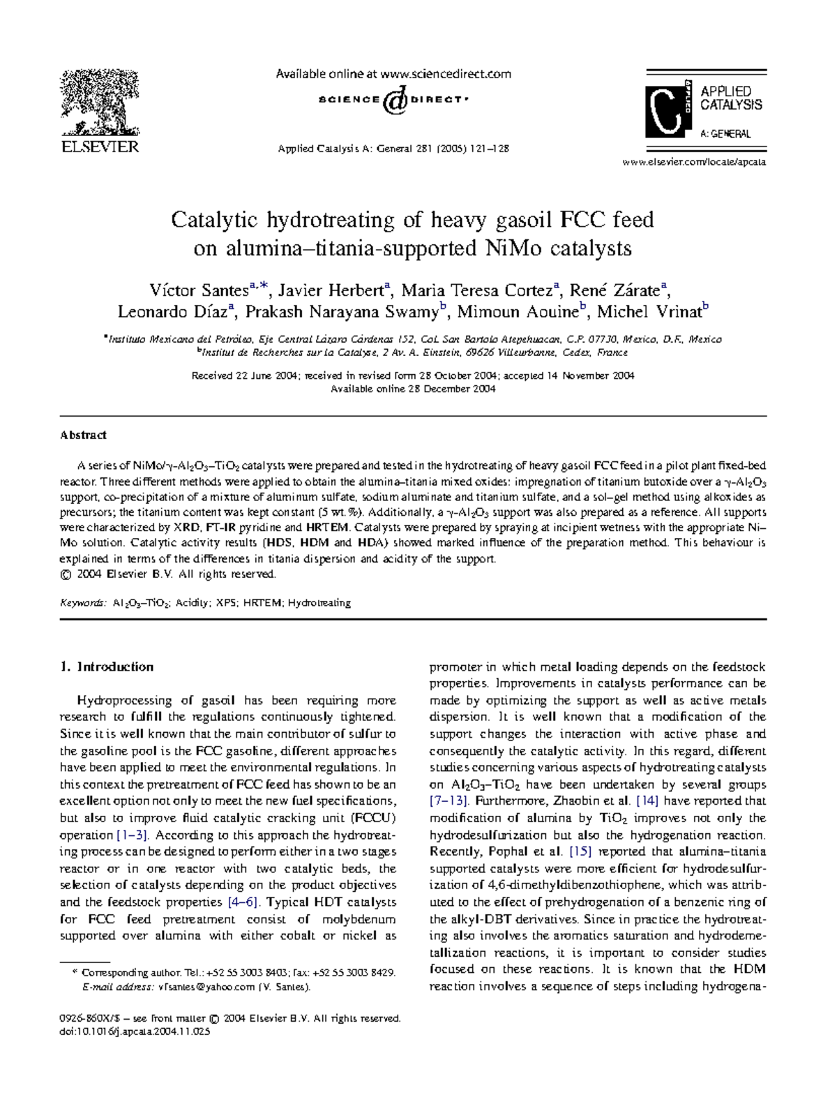 Catalytic hydrotreating of heavy gasoil FCC feed on alumina–titania ...