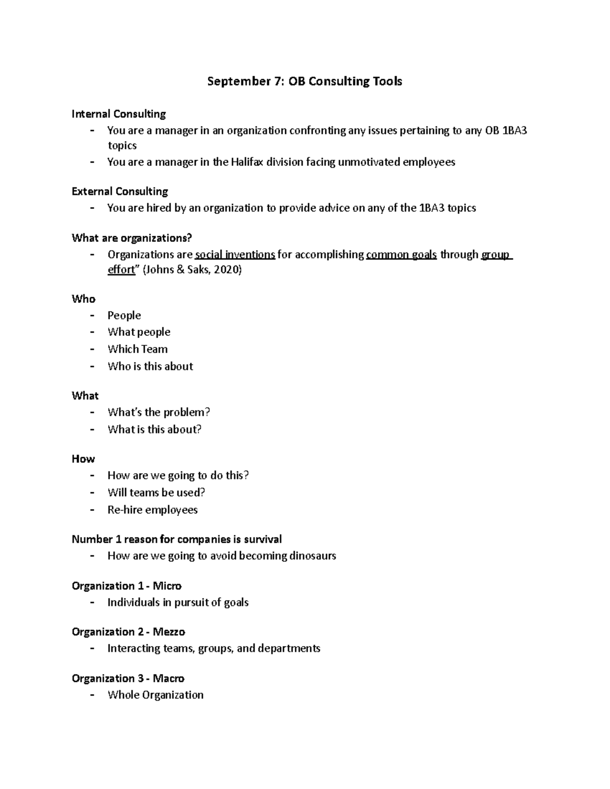 OB Week 1-3 notes - September 7: OB Consulting Tools Internal ...