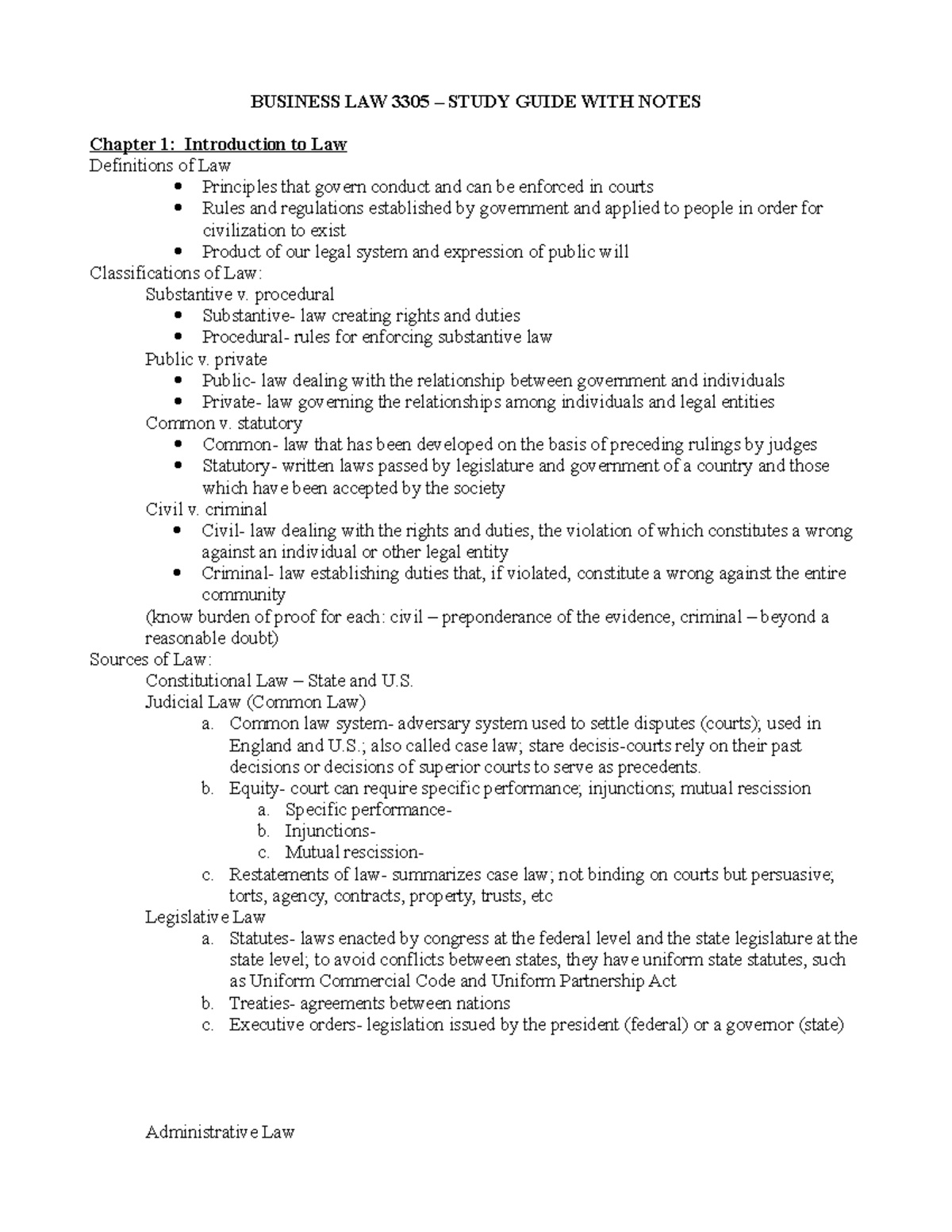 Lecture Notes, Lecture All - BUSINESS LAW 3305 – STUDY GUIDE WITH NOTES ...
