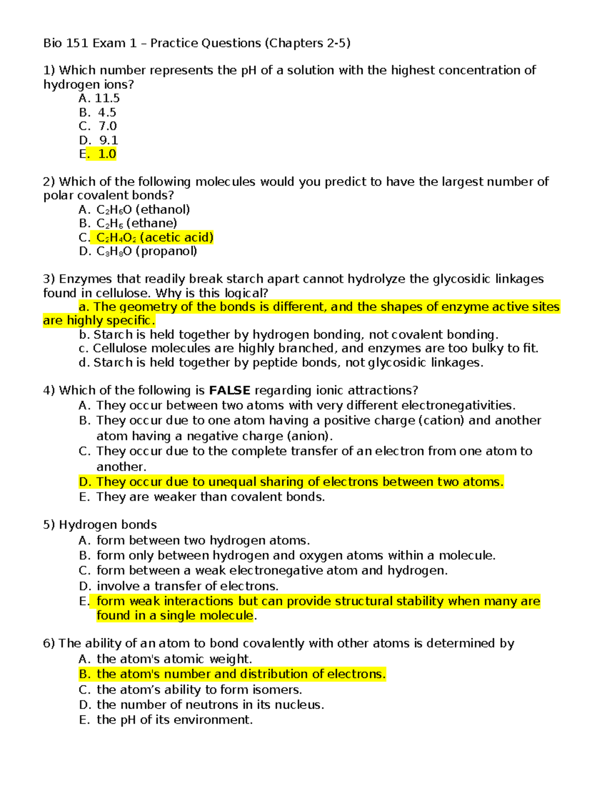 Exam 1 Practice Questions KEY - Bio 151 Exam 1 – Practice Questions ...