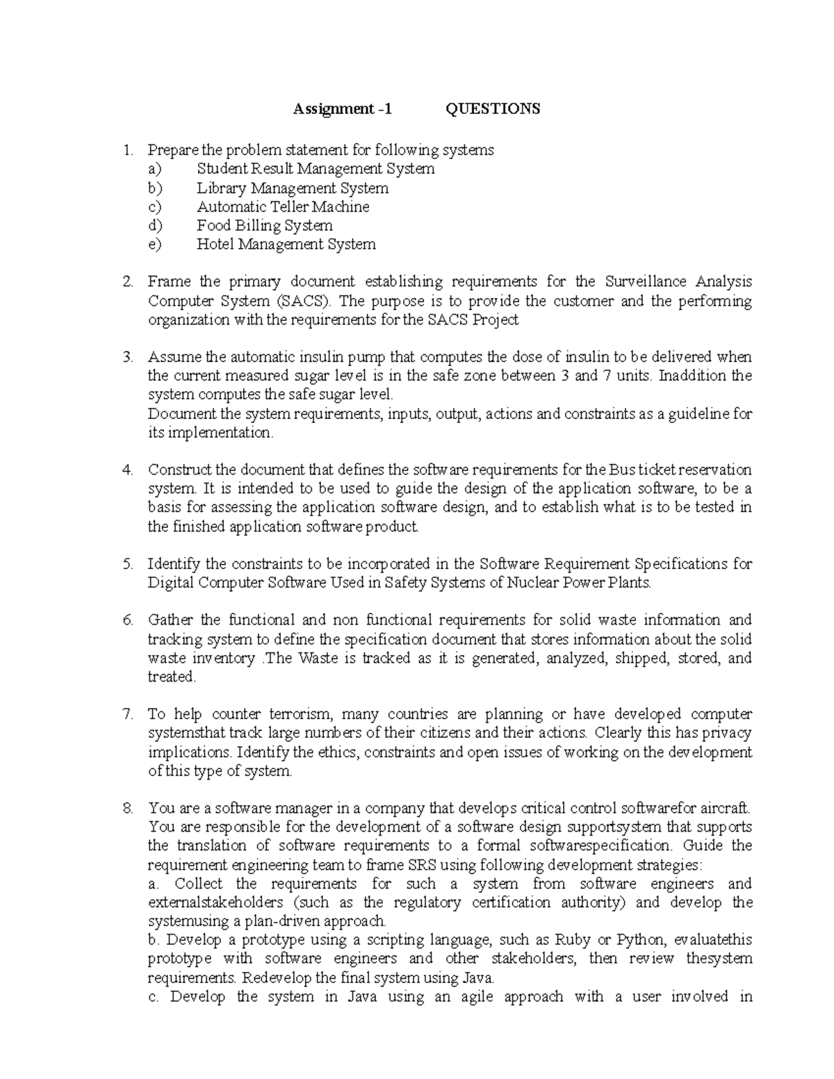 Assignmentl Questions-SE Module I - Assignment -1 QUESTIONS Prepare the ...