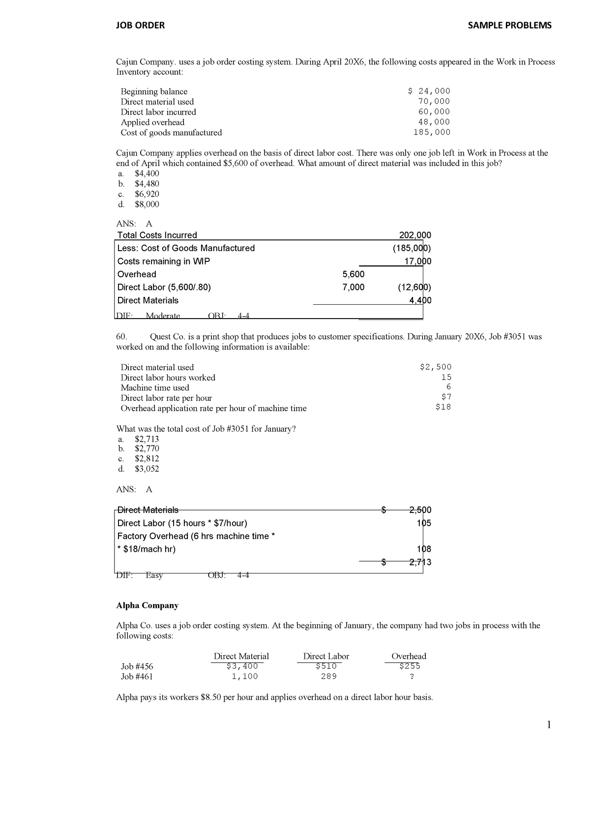 Job-order-sp compress - Cajun Company. uses a job order costing system ...