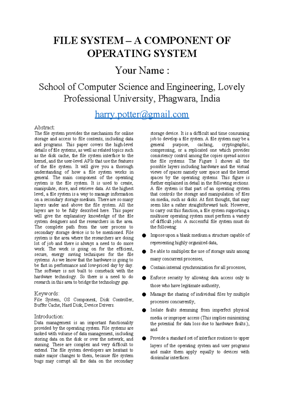 FILE System CSE316 - CA3 - FILE SYSTEM – A COMPONENT OF OPERATING ...