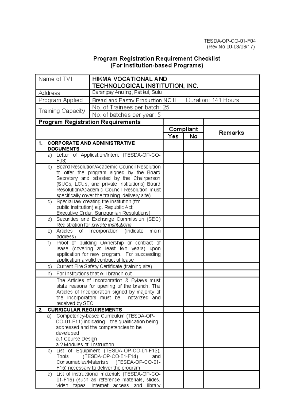 00 Checklist Inst-Based - TESDA-OP-CO-01-F (Rev.No-03/08/17) Program ...