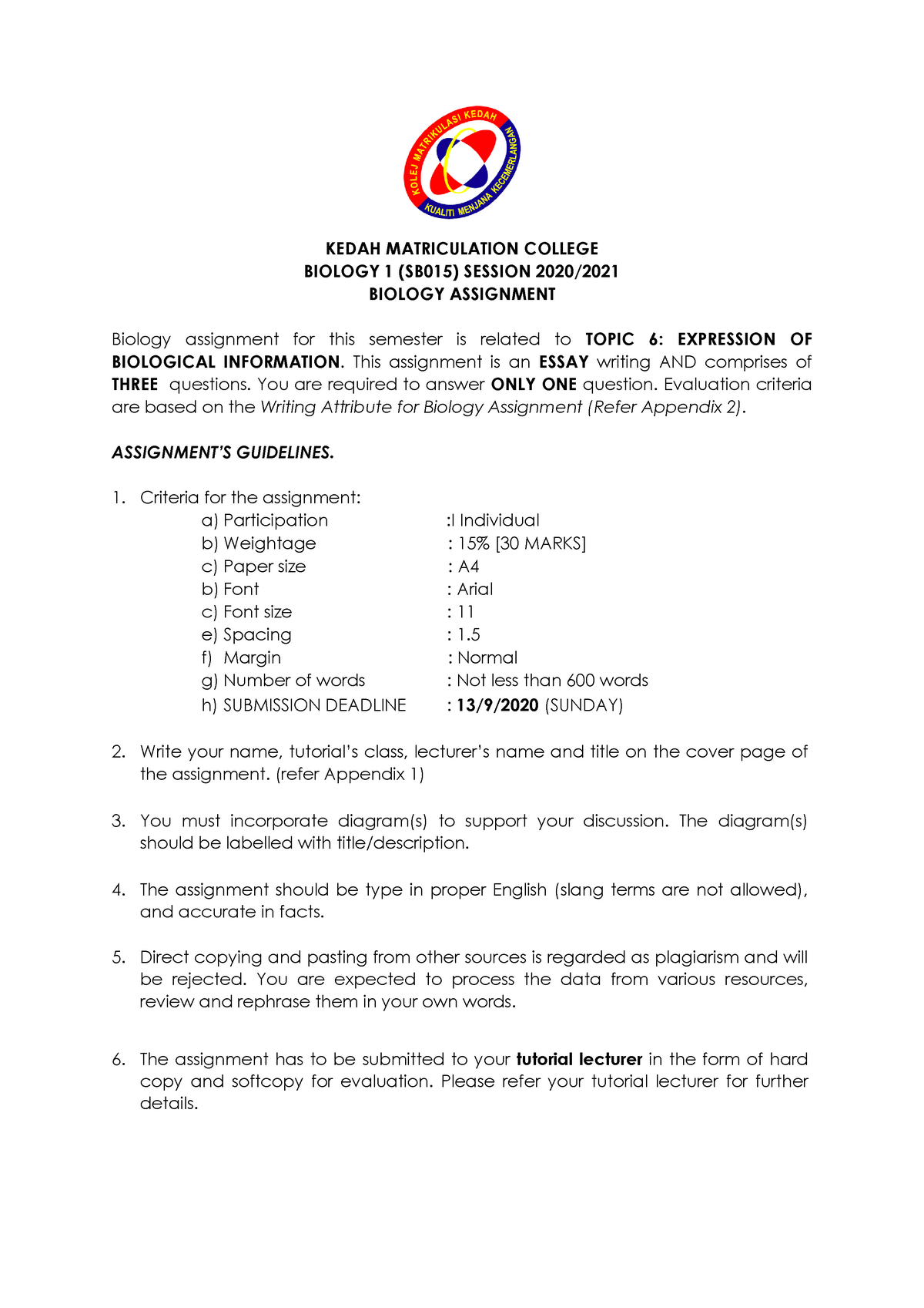 Biology matriculation semester 1