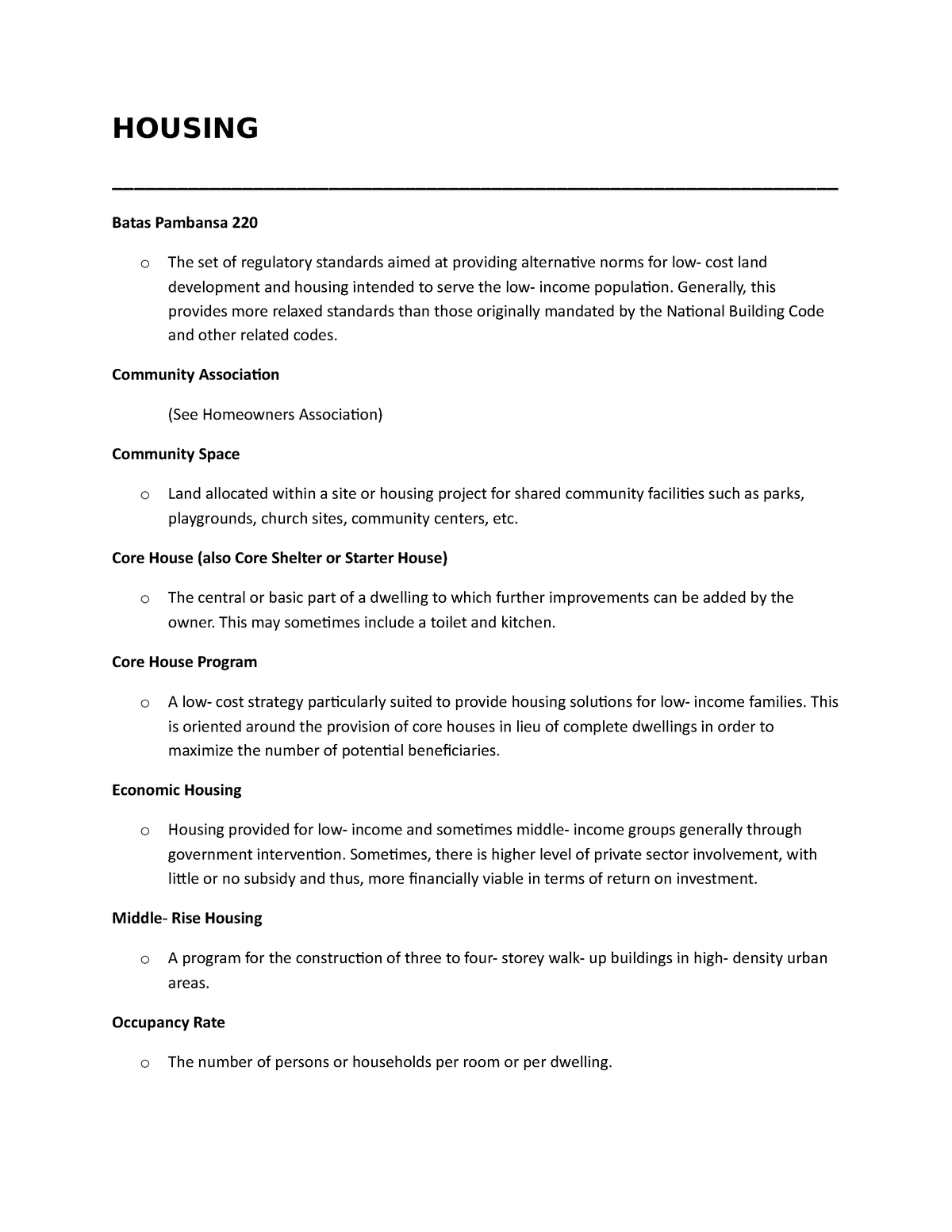 Housing Definition of Terms HOUSING Studocu