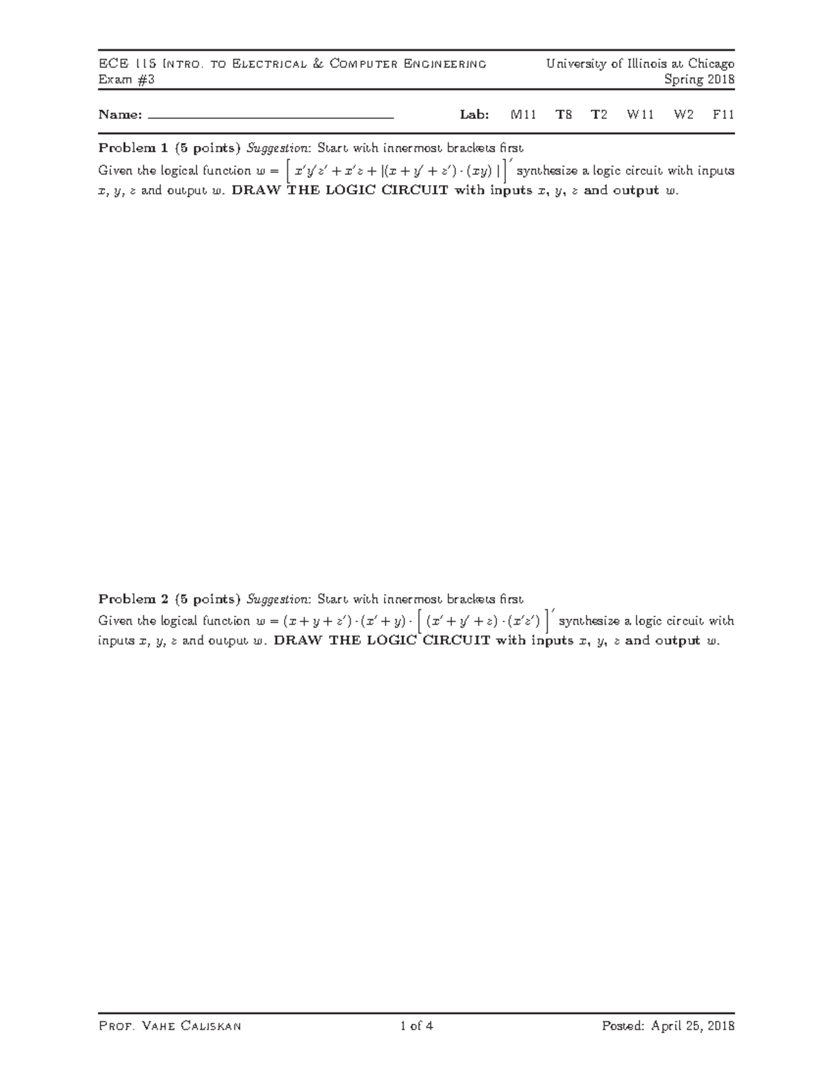 ECE 115 Exam 3 - Exam Questions - University of Illinois at Chicago ...