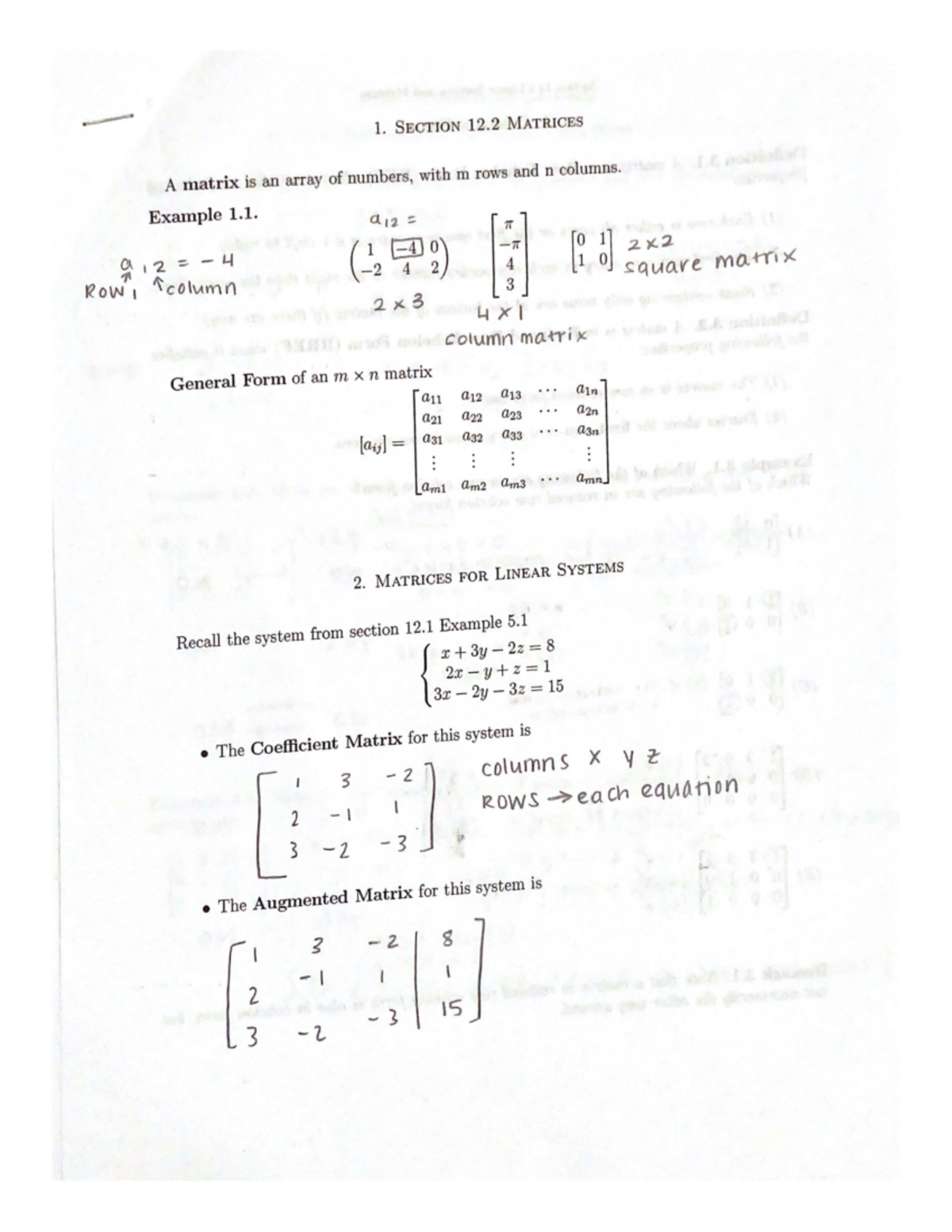 12.2 notes - 1. SECTION 12 MATRICES A matrix is an array of numbers ...